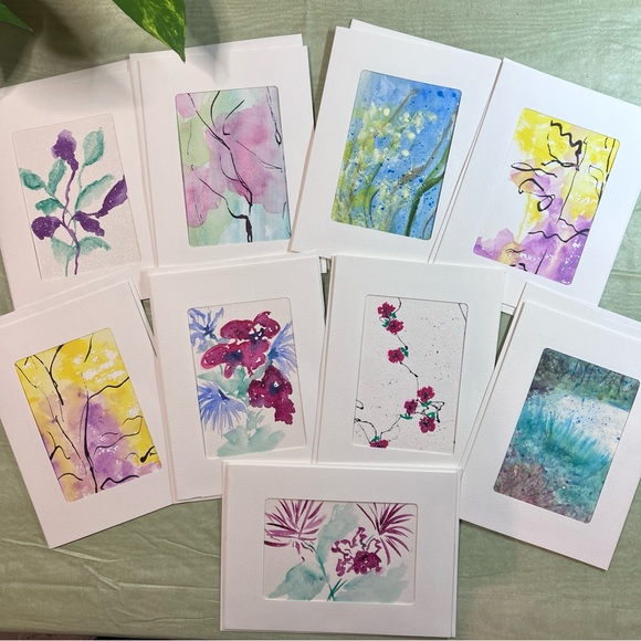 Hand Painted Watercolor Semi Abstract Floral Blank Greeting Cards Set of 8 - Picture 2 of 10